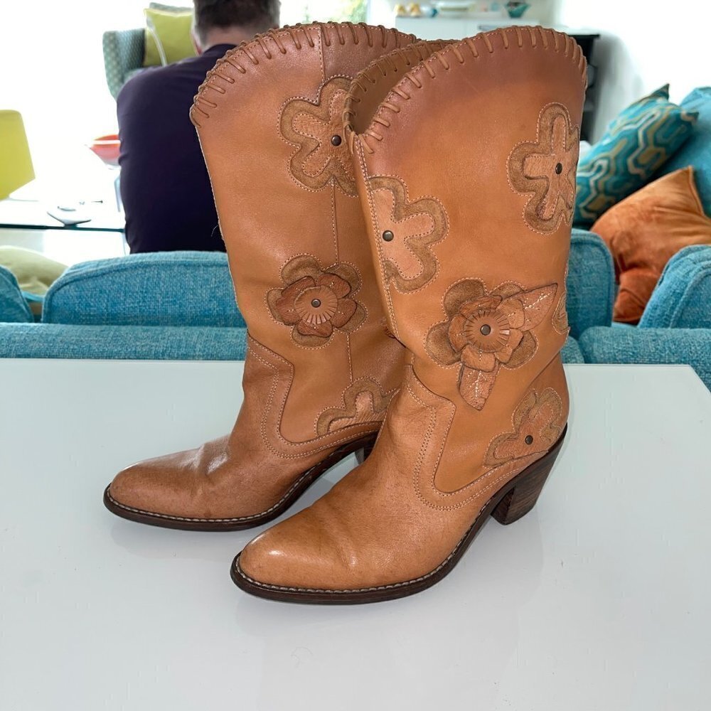 Mia Womens Cowgirl Boots Size 6 Leather Western Candida Boho Floral Tan 3D - Picture 8 of 15